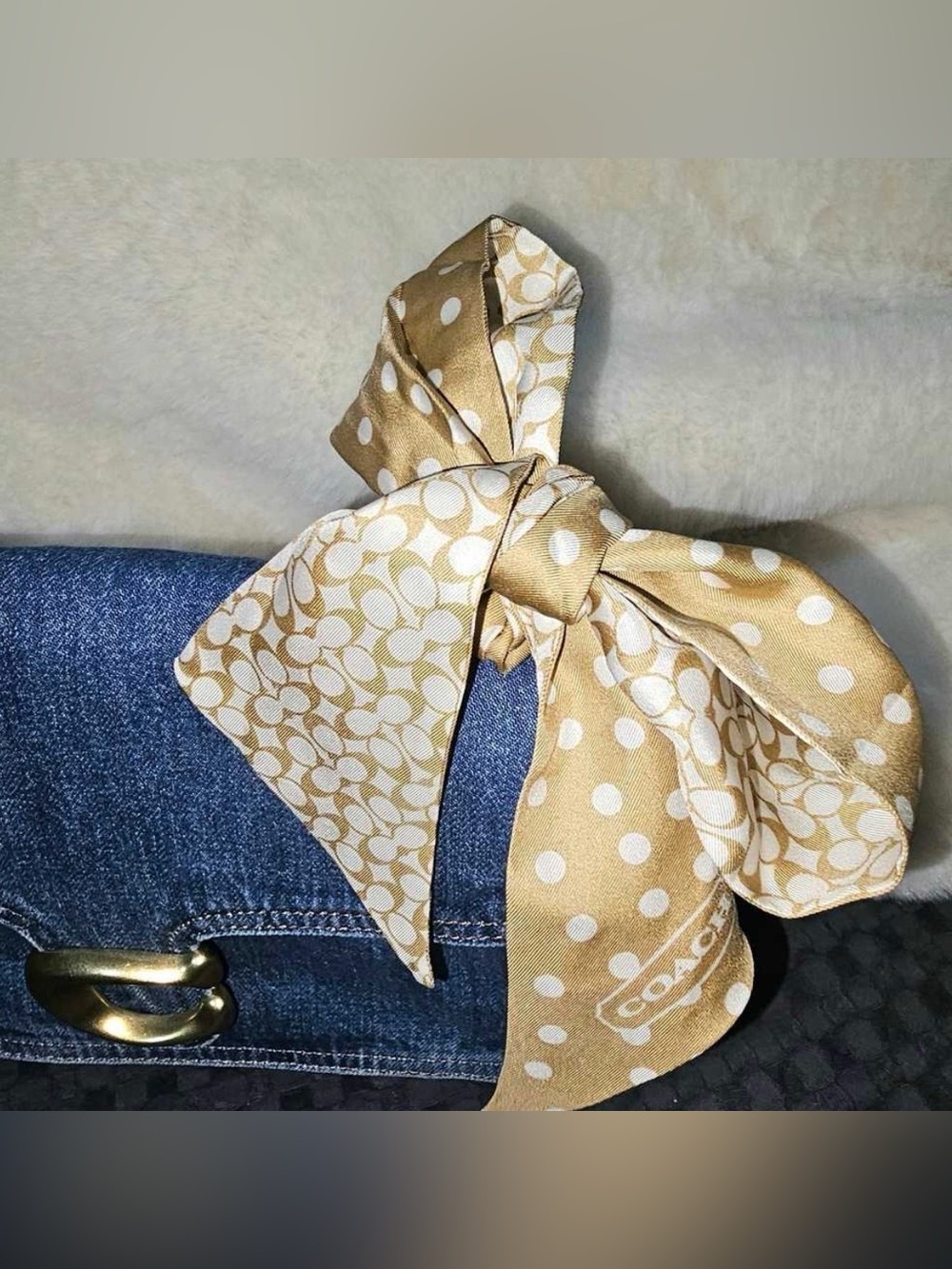 Coach Gold and White Polka Dot Silk reversible vintage Scarf